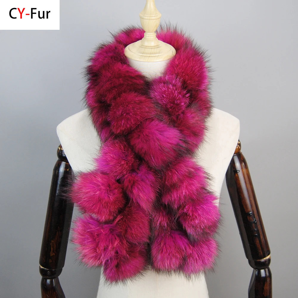 Style Fashion Women Real Raccoon Fur Scarves Pompom Lady Winter Warm Natural Fox Fur Scarf Fluffy Genuine Fur Muffler 250930