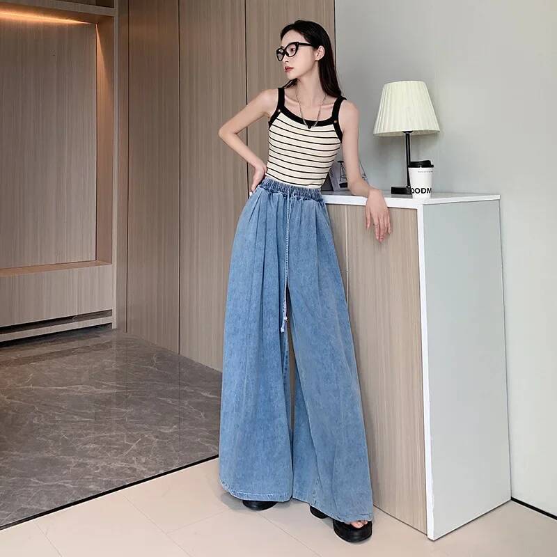 2024 Autumn New Loose-Fit Plus Size Women's Jeans Slimming Wide-Leg Ground-Length Simple Style Casual Ladies Pants dongdumaoyi