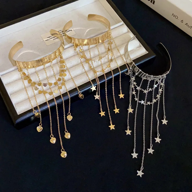 Vintage Star Heart Fringe Open Upper Arm Bangle for Women Gold Color Long Link Chain Bracelet Bohemia Star Party Jewelry Gift 250930