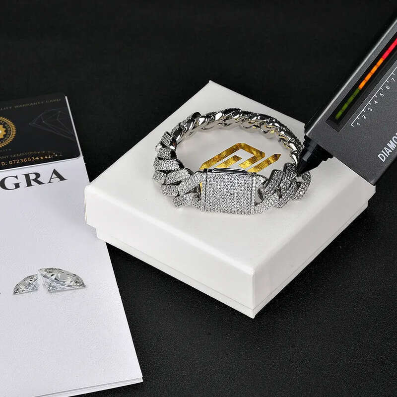 8/10/15/20mm Miami Hip Hop Jewelry Pass VVS Stone Shiny Sterling Sier Bracelet Moissanite Cuban Link Chain For Men