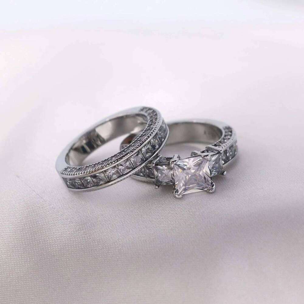 Couple Women White Rhinestones Zirconia Rings Set Simple CZ Stainless Steel Men Ring Wedding Jewelry For Lover Gifts