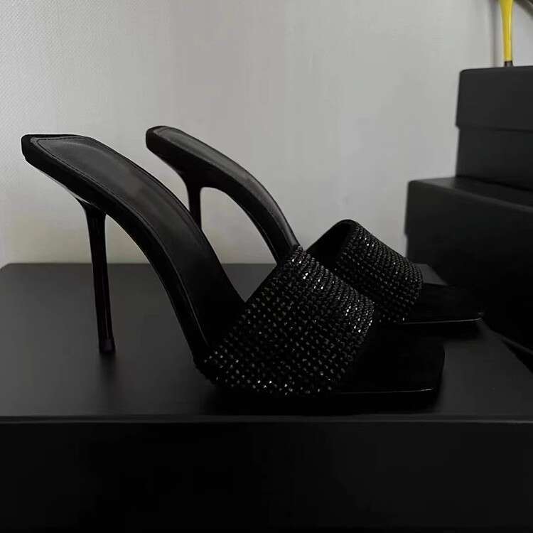 Rhinestone One-Strap for Women 2025 New Square Open Toe Thin Designer Shoe heel Sexy High heels Outdoor Sandals