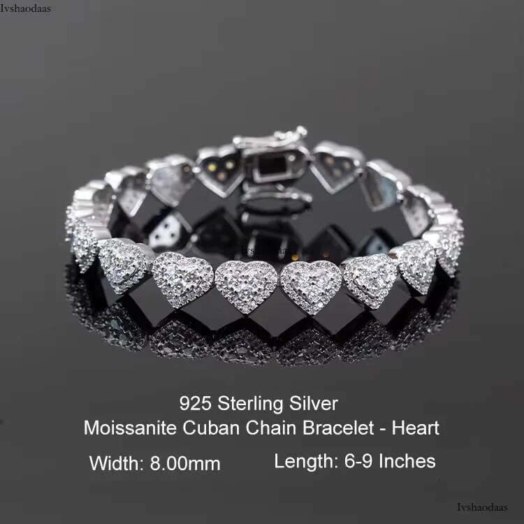 Goldleaf Sterling Sier VVS Dia Bracelet Hiphop Heart Shape Bangles Iced Out 8mm Moissanite Cuban Link Chain