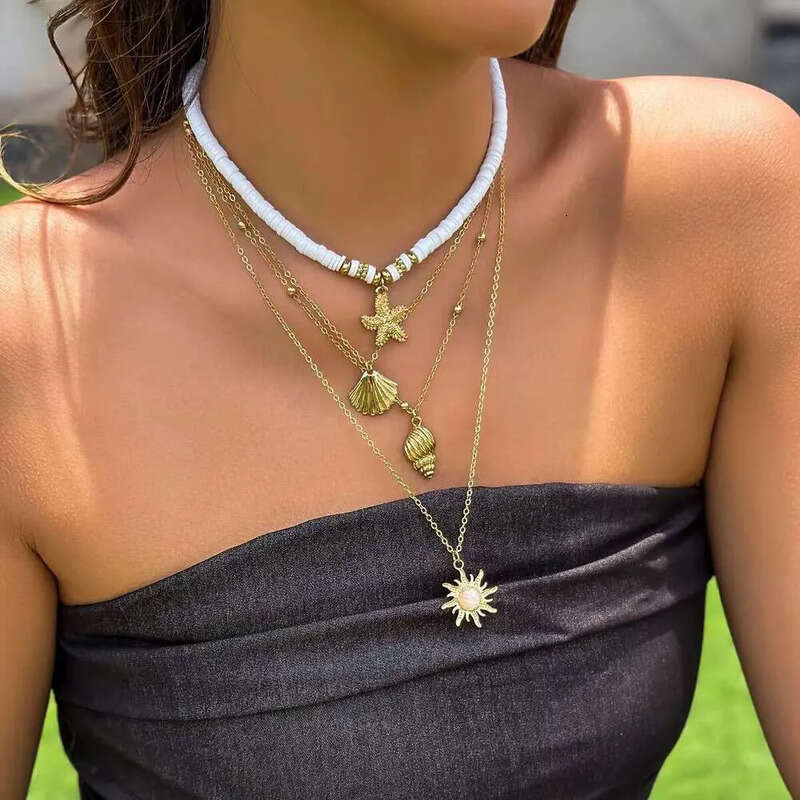 DHCollections Summer Beach Sea Wind Shell Conch Fringe Multi-Layer Polymer Clay Glass Seed Bead Natural Stone Necklace Jewelry for Women
