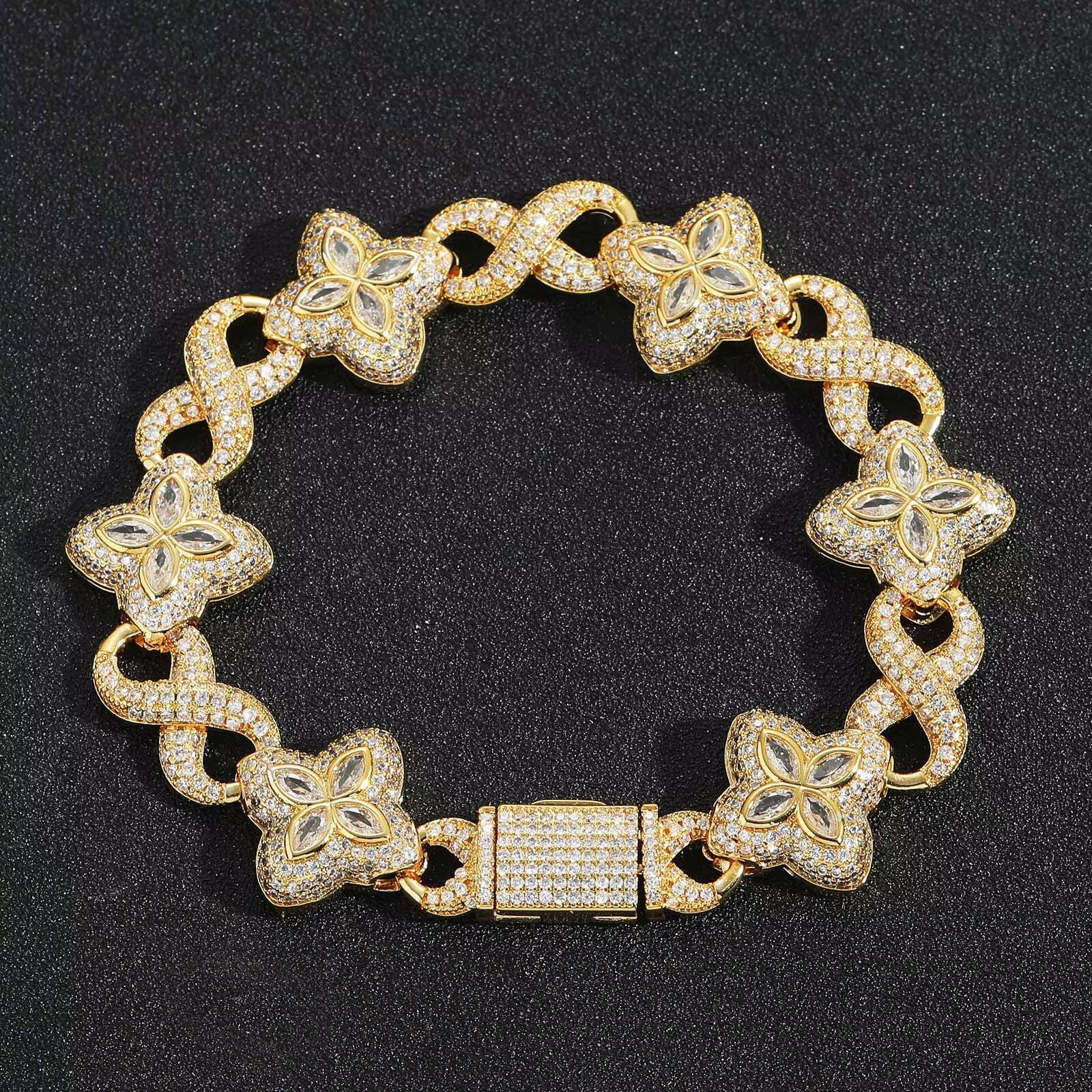 BES Hip Hop Gold Inlaid Jade Necklace; Ice Type Four-Leaf Clover Bracelet; 5A Moissanite Diamond M Chain Women's Bracelet