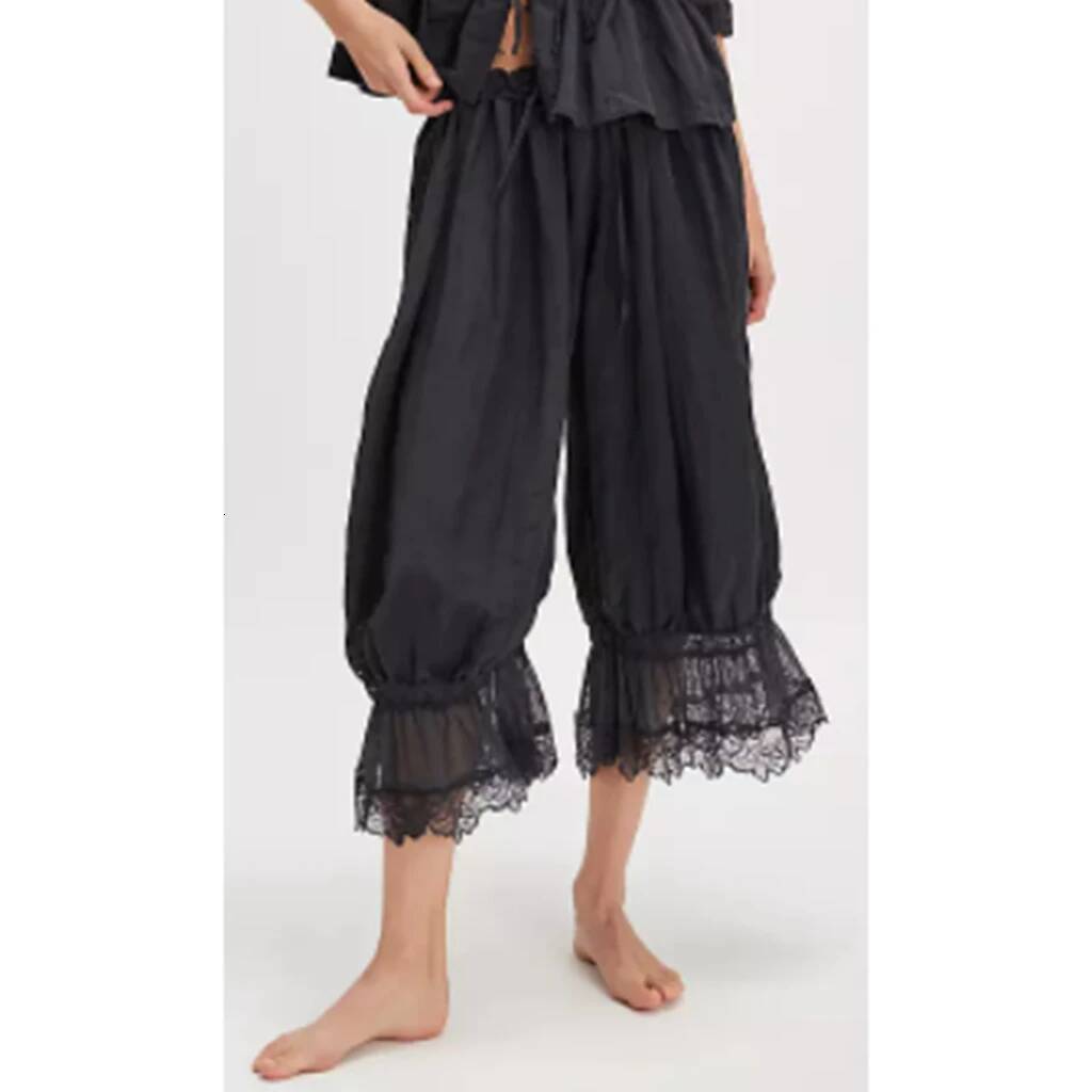 Women's Y2K Loose Fit Bloomers Cropped Pants Drawstring High Waist Floral Lace Patchwork Calf-Length Lantern Trousers dongdumaoyi