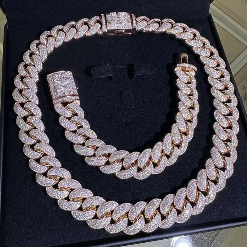 Aaa Gems Necklace 18mm 20mm Sier 10k/14k/ Gold Plating Moissanite 4 Rows Prong Iced Out Vvs Miami Cuban Link Chain