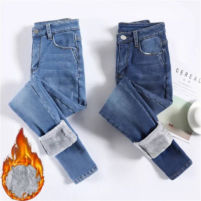 Women Thermal Jeans Winter Snow Warm Thickened Fleece Stretch Skinny Pencil Fashion Korean Slim Fit Veet Plush Pants dongdumaoyi