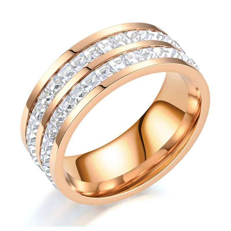 Gold Color Single Double Row Square Zircon Stainless Steel Ring For Women Romantic Engagement Wedding Party Jewelry Gifts