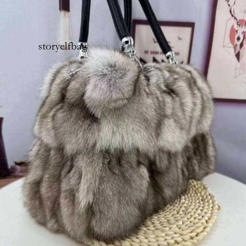 Korean version Genuine Natural Fox Fur Women Clutch Purses Evening Party Winter Chain Shoulder Bag