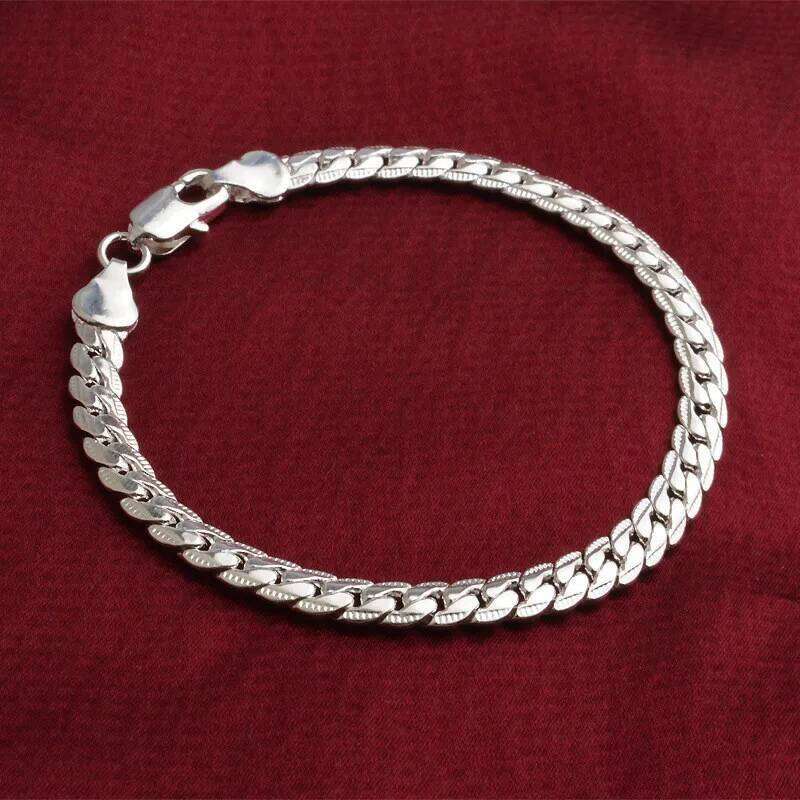 Sterling Sier Bracelet 6mm 18/20cm Flat Side Chain Lobster Clasp For Woman Man Wedding Engagement Jewelry