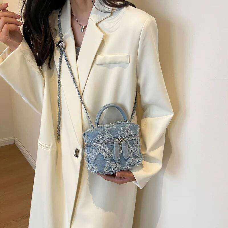 Womens Niche Design Denim Small Ashionable Mini Hand-held Box Summer Chain Crossbody Blue Color Funny Simple Bag
