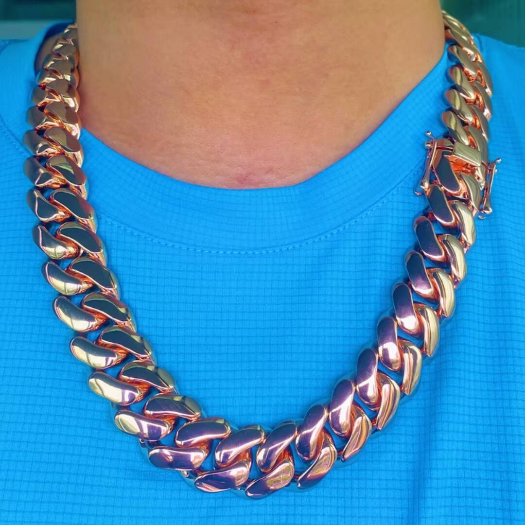 Rose Gold Plated Miami Cuban Link Chain Solid Brass Hip Hop Necklace for Men Women Bold Streetwear Jewelry Cadenas De Oro Rosa
