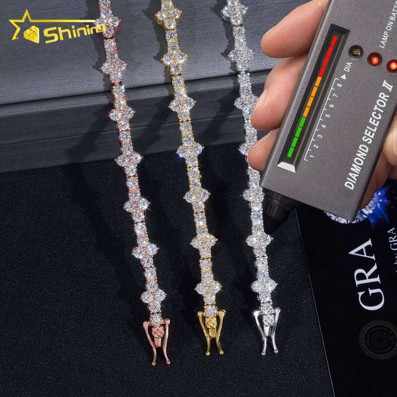New Arrival Fashion Women's Design Sier VVS Silicon Stone Iced clover Cross Tennis Chain Bracelet