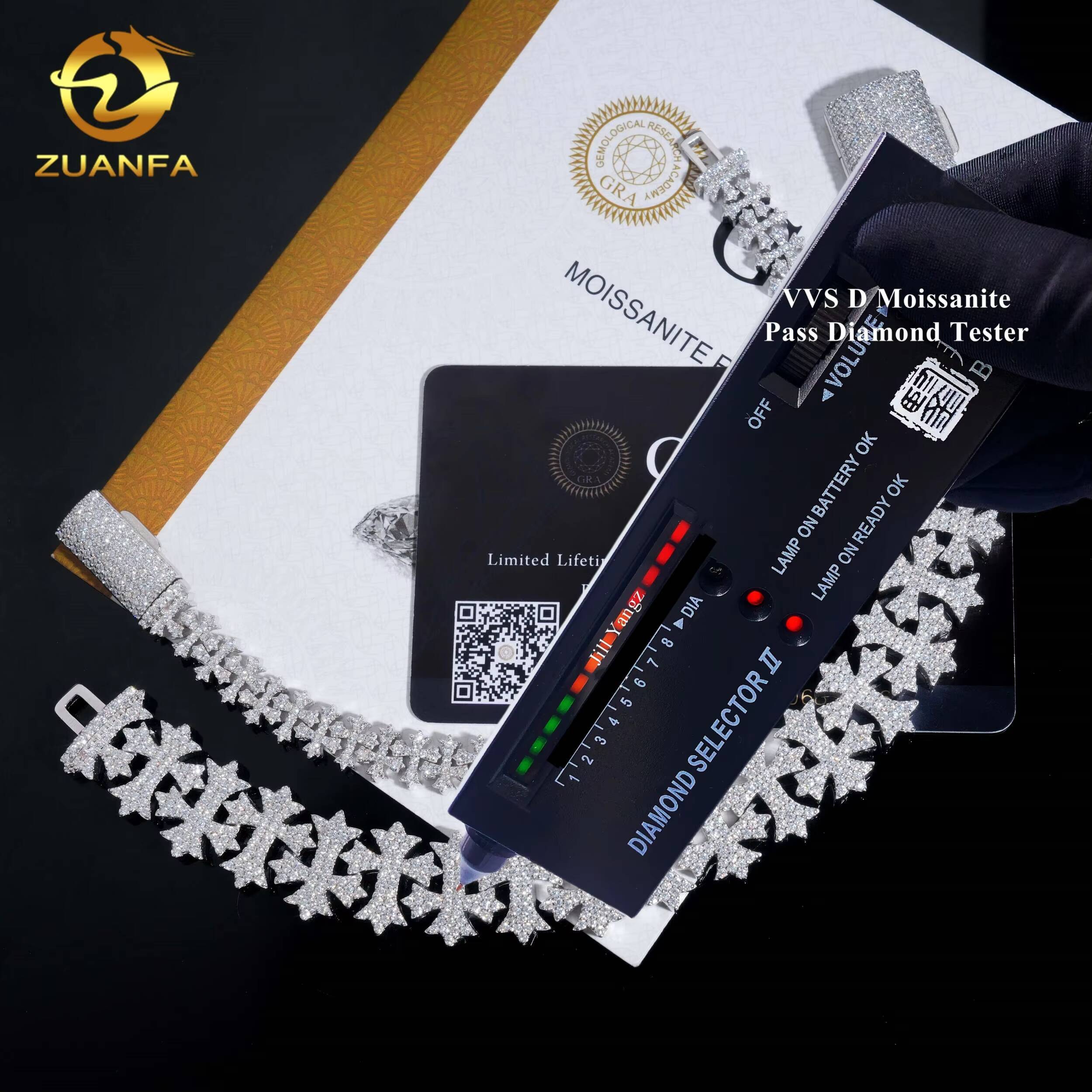 Zuanfa Jewelry Moissanite Cross Bracelet 85mm 16mm Cuban Link Chain Moissanite Cuban Link Bracelet Cuban Chain