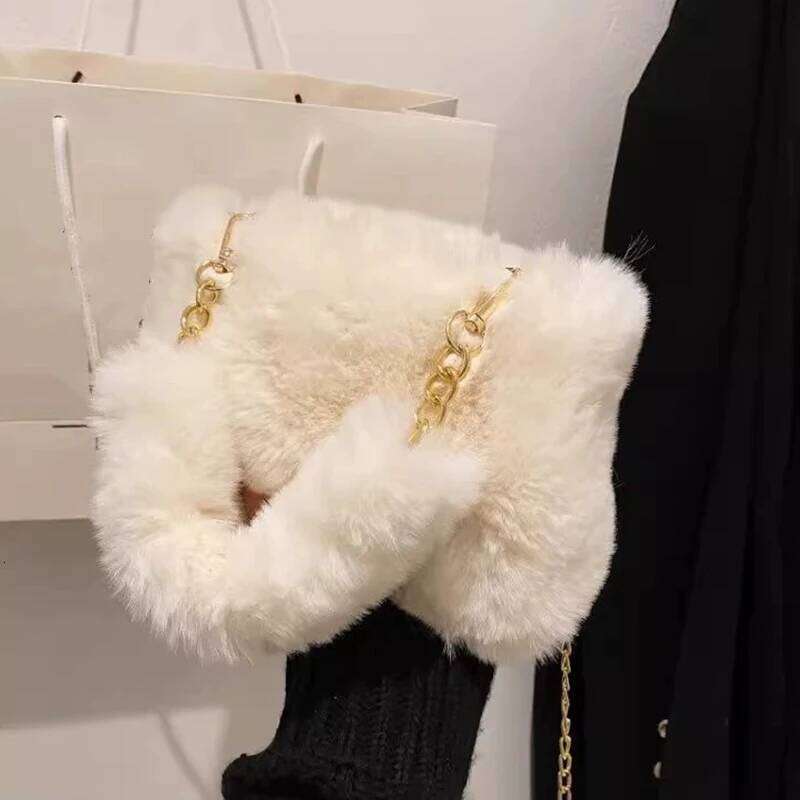 Plush Faux Fur Tote for Women Winter Shoulder Bag Casual Fluffy Crossbody Bags Fashion Chain Handbag Girls Soft Purse