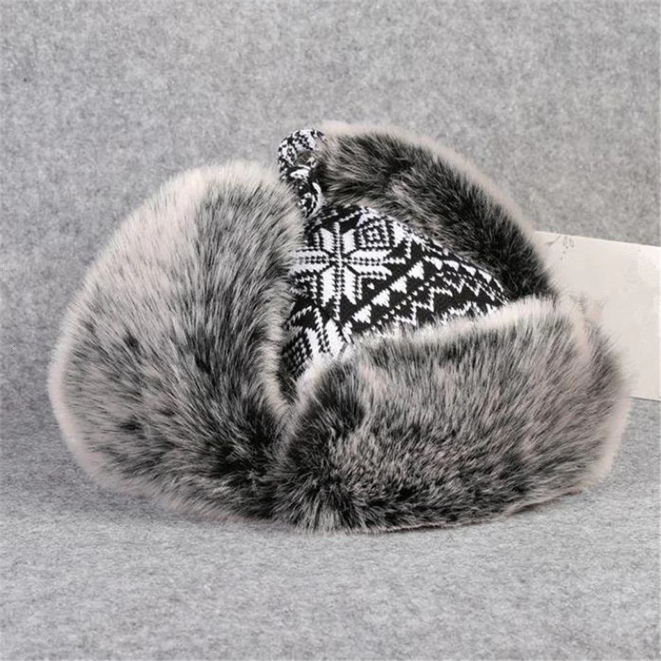 BUTTERMERE Russian Fur Hat Ushanka Black White Bomber Hats Male Female Ear Flaps Winter Thick Warm Knitting Outdoor Trapper Hat 250929