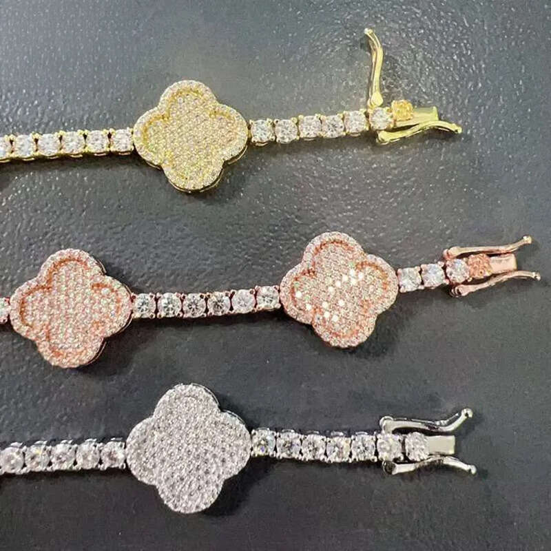 Goldleaf New Product SIER Moissanite Trendy Hip Hop Style Iced Out Lucky Flower Cuban Link Chain Bracelet