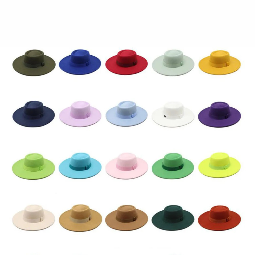 95cm Brim Round Top Hat Solid Color Flat Top Boater Style Fedora Hats for Women Men Party Wedding Church Felt Cap 250930
