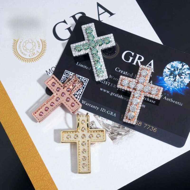 Hot Sale RTS Colorful Cross Sterling Sier Gold Plated Pass Dia Tester Moissanite Pendant