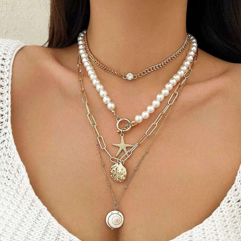 DHCollections Summer Beach Sea Wind Shell Conch Fringe Multi-Layer Polymer Clay Glass Seed Bead Natural Stone Necklace Jewelry for Women