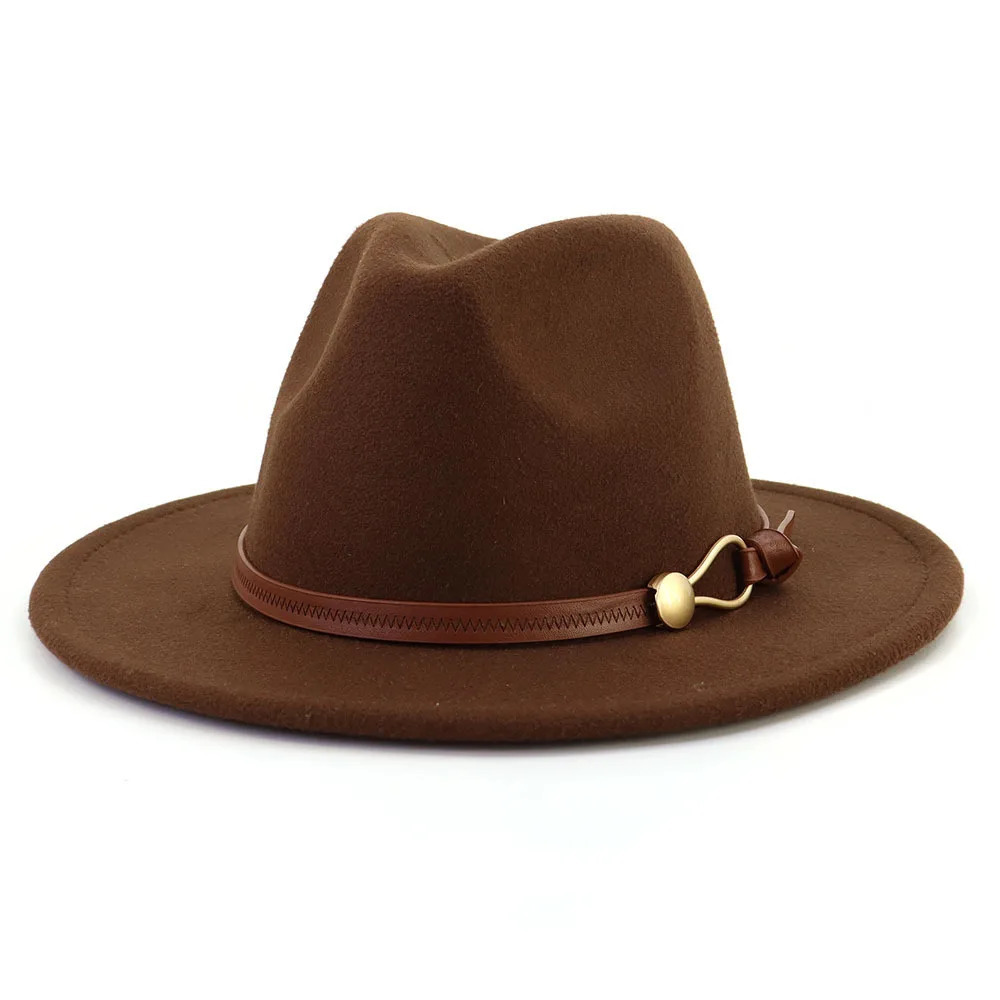 Brown Belt Buckle Jazz Fedora Hat Autumn Winter Women Men Party Church Top Hat Wide Brim Sun Hat Felt Panama Cap 250930