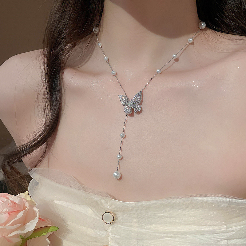 Real Gold Plated Zircon Butterfly Pearl Tassel Necklace Internet Celebrity Style Collarbone Chain Super Fairy Sweet High-end Sense Choker for Women