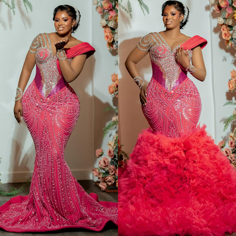 2025 Plus Size Pink Prom Dress Evening Dresses Formal Gowns Illusion Mermaid Sheer Neck Long Sleeves Beaded lace Birthday Dress Second Reception Gown 
