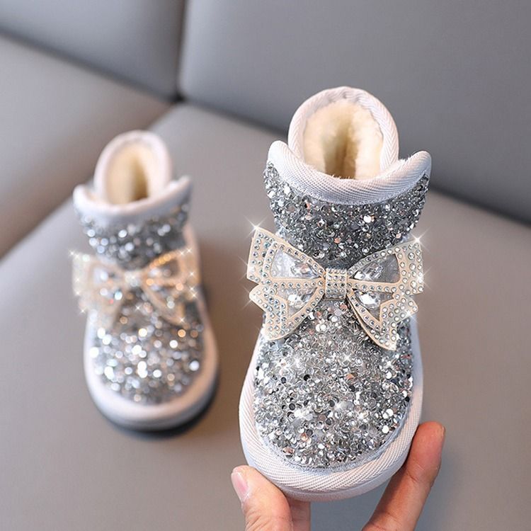 Girls Snow Boots Rhinestone Sequins Kids Fashion Winter Boots Princess Child Kidszworld Toddler Winter Cotton Plush Glitter Boots with Bow Classic Siz