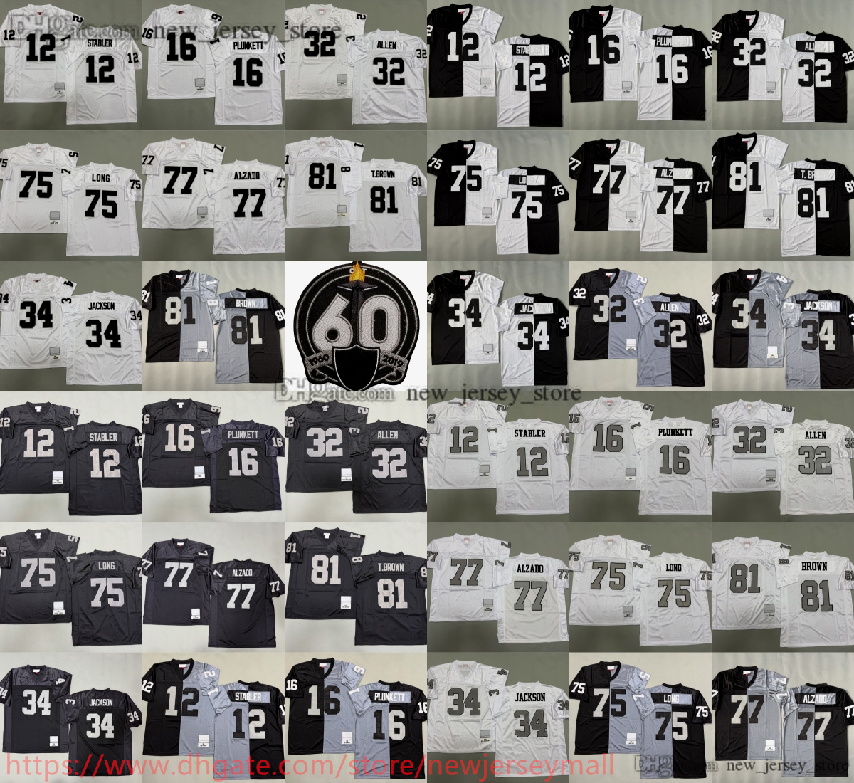 1987 Throwback Football 34 Bo Jackson Jersey Stitch Vintage 16 Jim Plunkett 32 Marcus Allen 75 Howie Long 77 Lyle Alzado 81 Tim Brown 12 Ken Stabler Jerseys Breathable