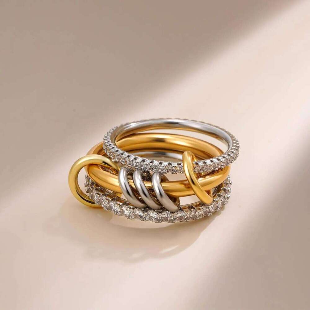 New Stainless Steel Cubic Zirconia Stackable Rings for Women GoldPlating Multi-Link Connected Statement Ring Stack Jewelry