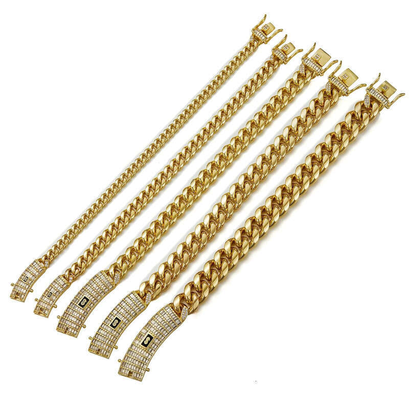 6-14mm Solid Stainless Steel Miami Cuban Chain Necklace Bracelets T Zircon Long Clasp 14K Gold Plated Jewelry