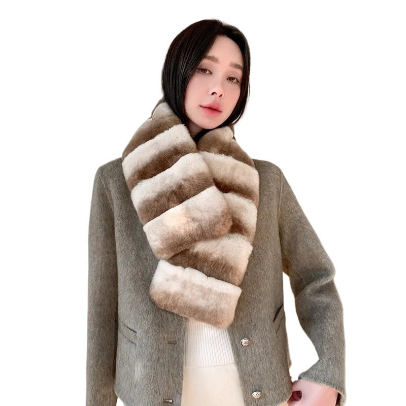 Winter Rex rabbit hair scarf lazy casual versatile real plush warm fur scarf chinchilla color women 250929