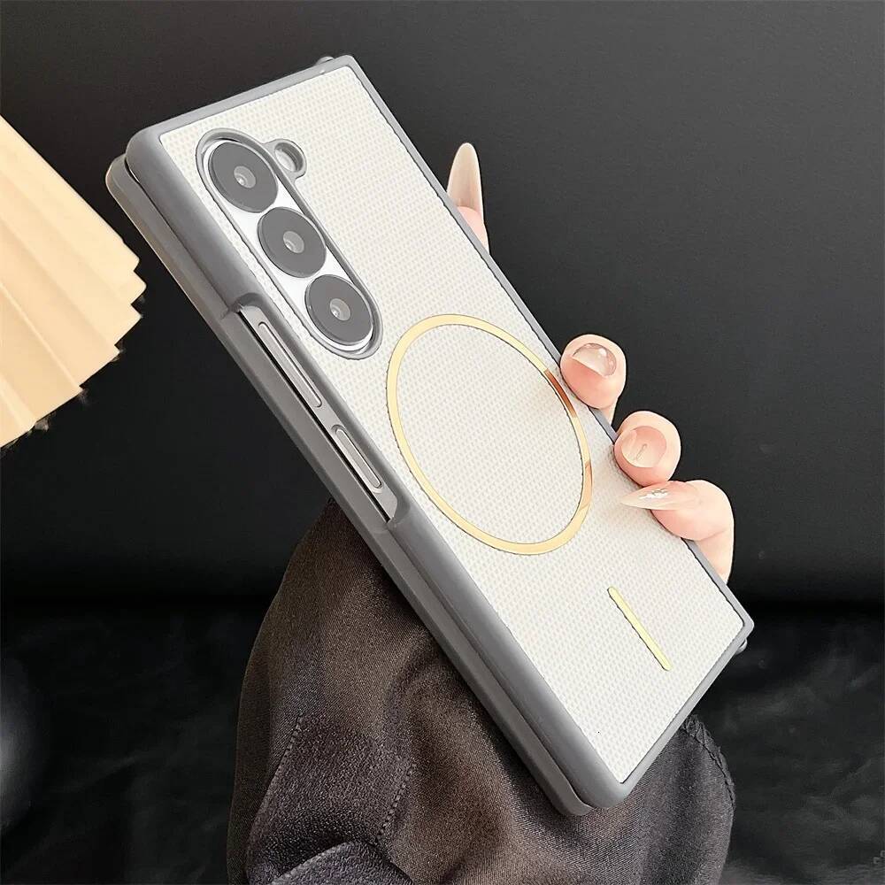 Magnetic Phone Case For Samsung Z Fold 7 6 5 4 3 5G Rhombus Texture PU Leather Hard PC Protective Cover