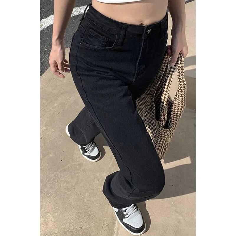 Woman Korean High Waist Streetwear Straight Leg Jeans Girls Y2k Clothes Pants Female Fashion Black Baggy Haruku Denim Trousers dongdumaoyi