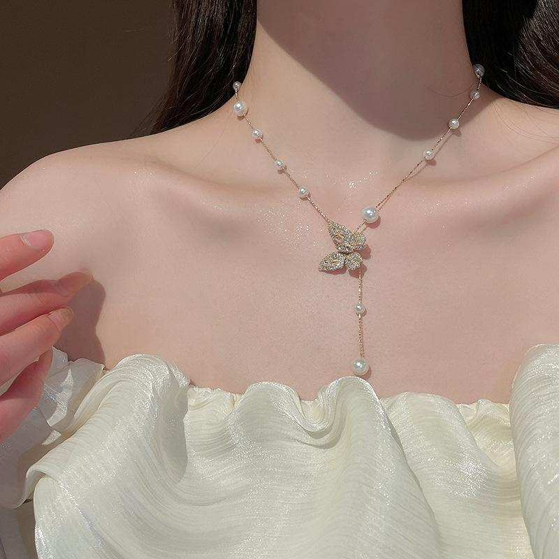 Real Gold Plated Zircon Butterfly Pearl Tassel Necklace Internet Celebrity Style Collarbone Chain Super Fairy Sweet High-end Sense Choker for Women