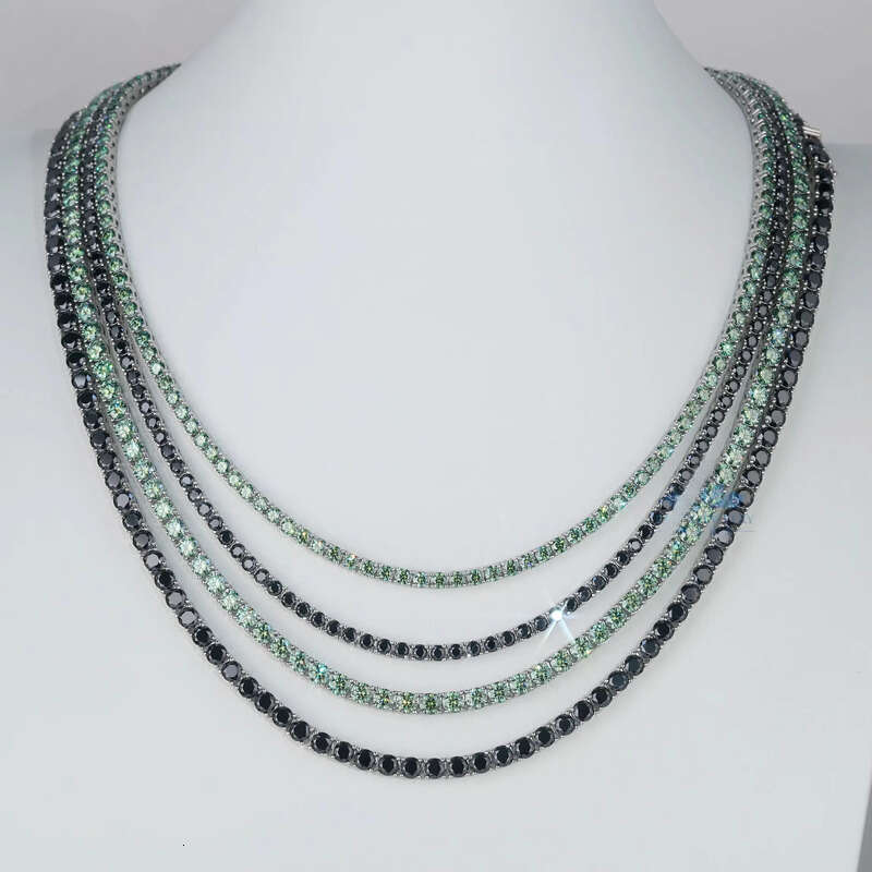 Rhodium Plated 3mm 4mm 5mm Sterg Sier Chain Iced Out Black Moissanite Dia Tennis Necklace