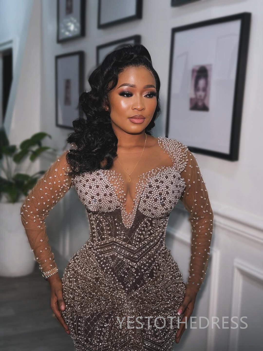 2025 Plus Size Gray Prom Dress Evening Dresses Formal Gowns Illusion Mermaid Sheer Neck Long Sleeves Pearls Beaded lace Birthday Dress Second Receptio