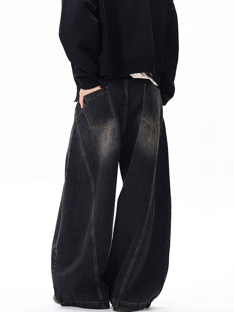 Vintage Black Washed Baggy Jeans Men Wide leg Curved Blade Pants Streetwear Cowboy Casual Denim Straight Trousers dongdumaoyi