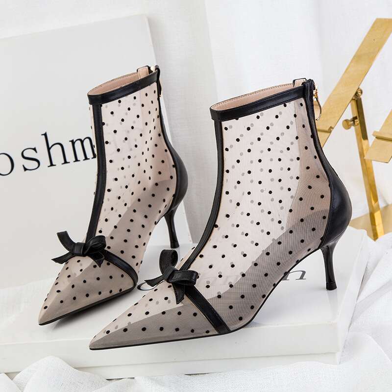 Women's Pumps Version Of Sweet Slimming See-Through Dot Mesh Hollow Shoes For Women Stiletto High-Heeled Pointed Toe Short Boots
