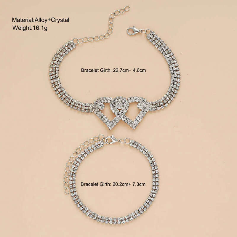 New fashion style exaggerated dia studded heart-shaped ankle chain two-piece set, light temperament foot accessories