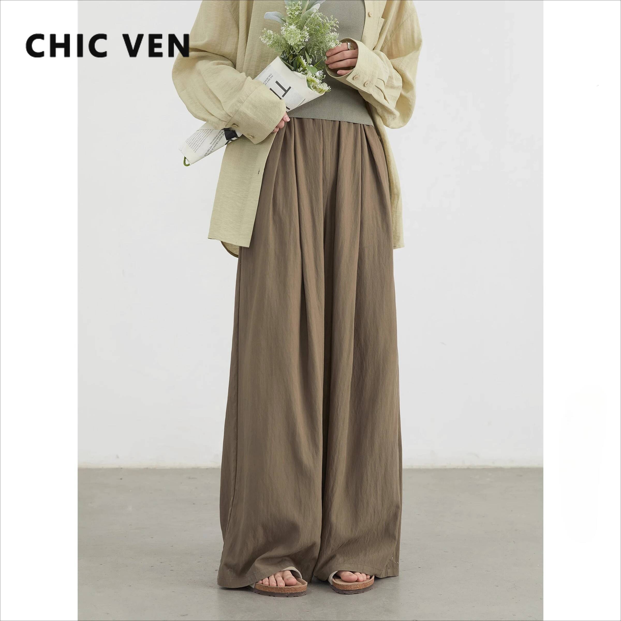 CHIC VEN Women Pants Solid Elastic Waist Loose High Waisted Casual Female Trouser Long Wide Leg Pant Spring Summer 2025 dongdumaoyi