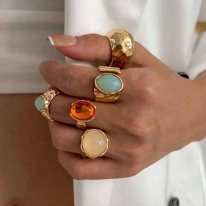 Vintage Chic Stone Inlaid Ring Set for Women Simple Chunky Gold Color Geometric Rings Daily Wear Party Jewelry Gifts