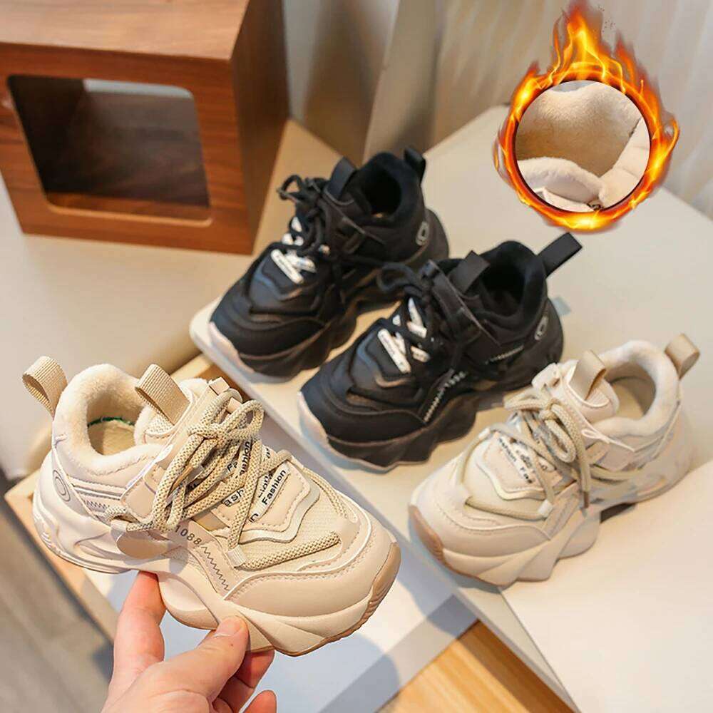 Autumn Winter Cotton Sport Children PU Leather Waterproof Plush Sneakers For Kids Teenager Boy's Girl's Running Shoes