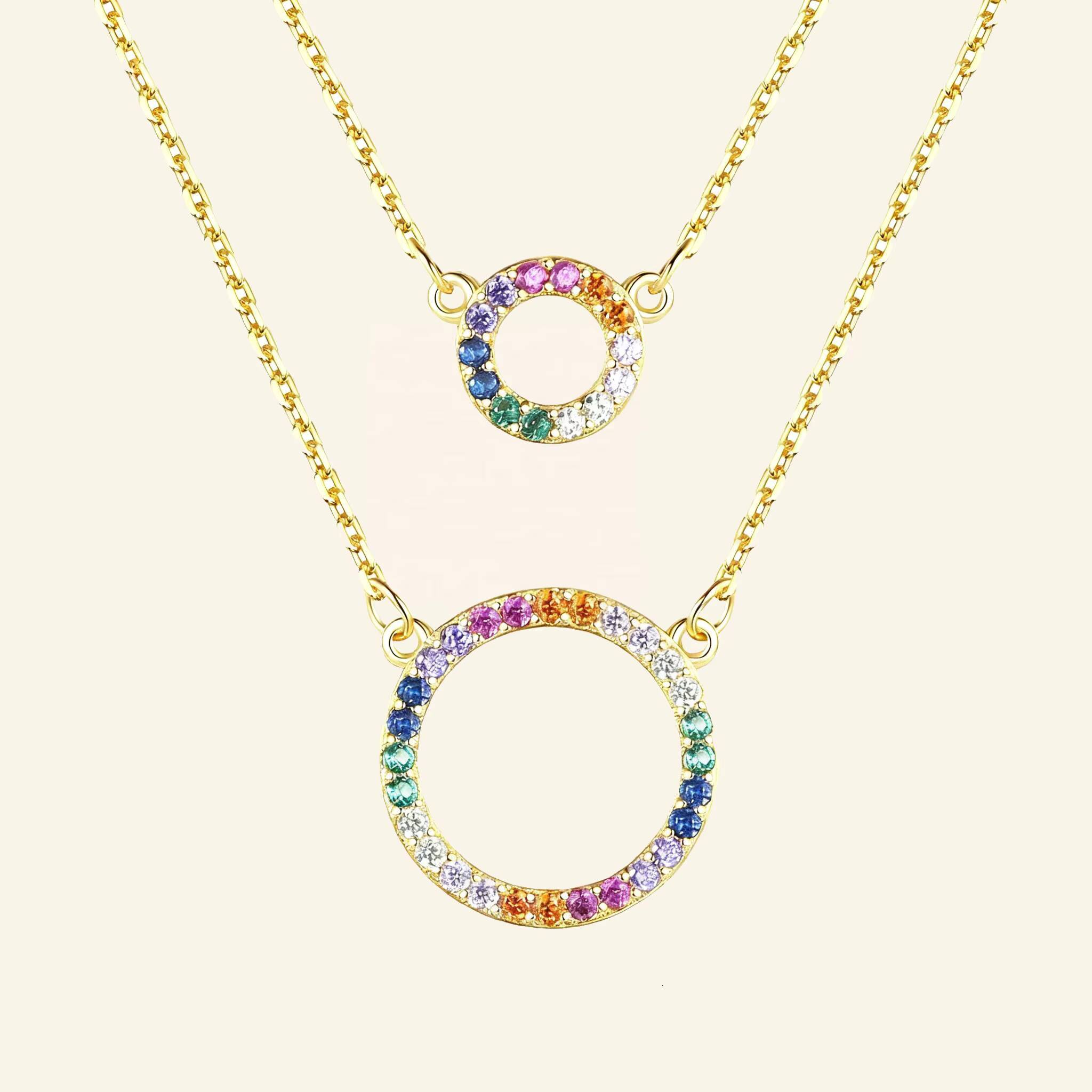 Summer Rainbow Fine Jewelry S925 Gold Plated Multi Colors Short Layered Moissanite Colorful Hollow Circle Pendant Necklace for Women