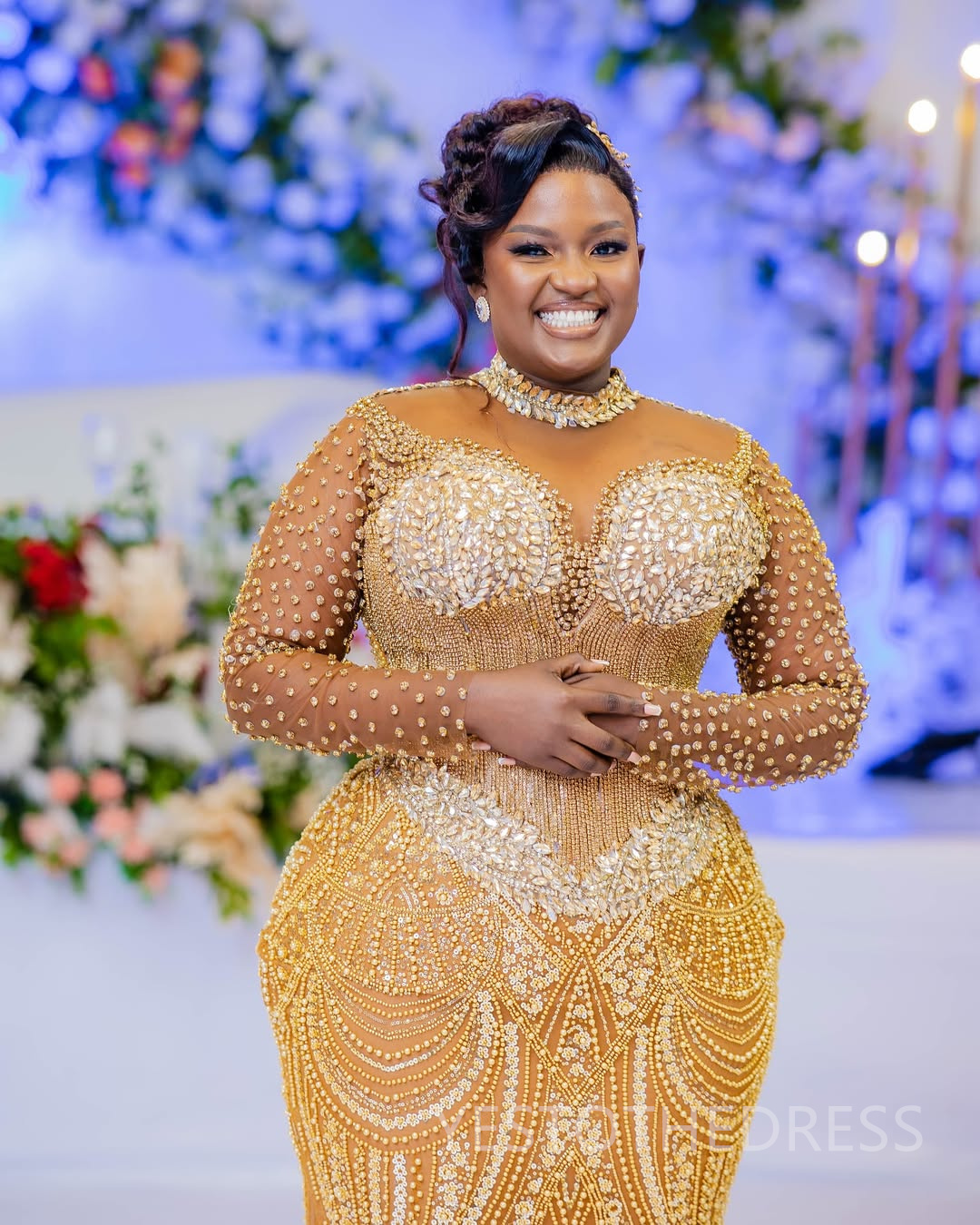 2025 Plus Size Gold Prom Dress Evening Dresses Formal Gowns Illusion Mermaid High Neck Long Sleeves Beaded lace Crystals Birthday Dress Second Recepti