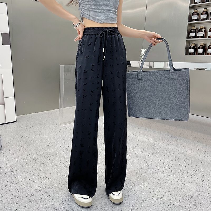 Women high elastic waist logo letter flocking black color designer satin long pants wide leg trousers SMLXLXXL