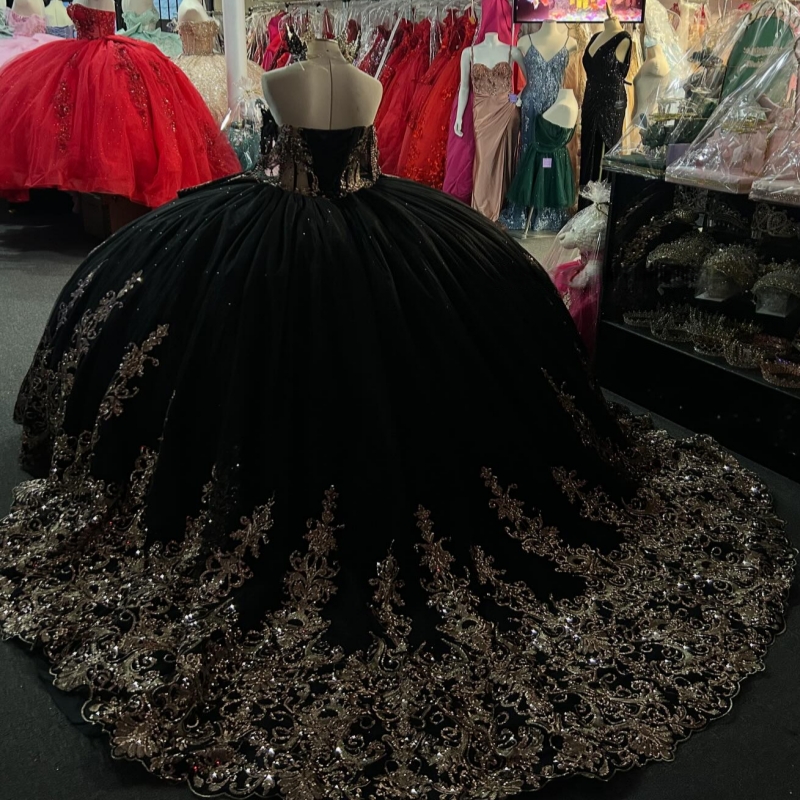 Black Shiny Quinceanera Dresses Off The Shoulder Gold Applique Lace Beading Crystal Tull Party Birthday Sweet 16 Dress Vestidos 15 De Anos
