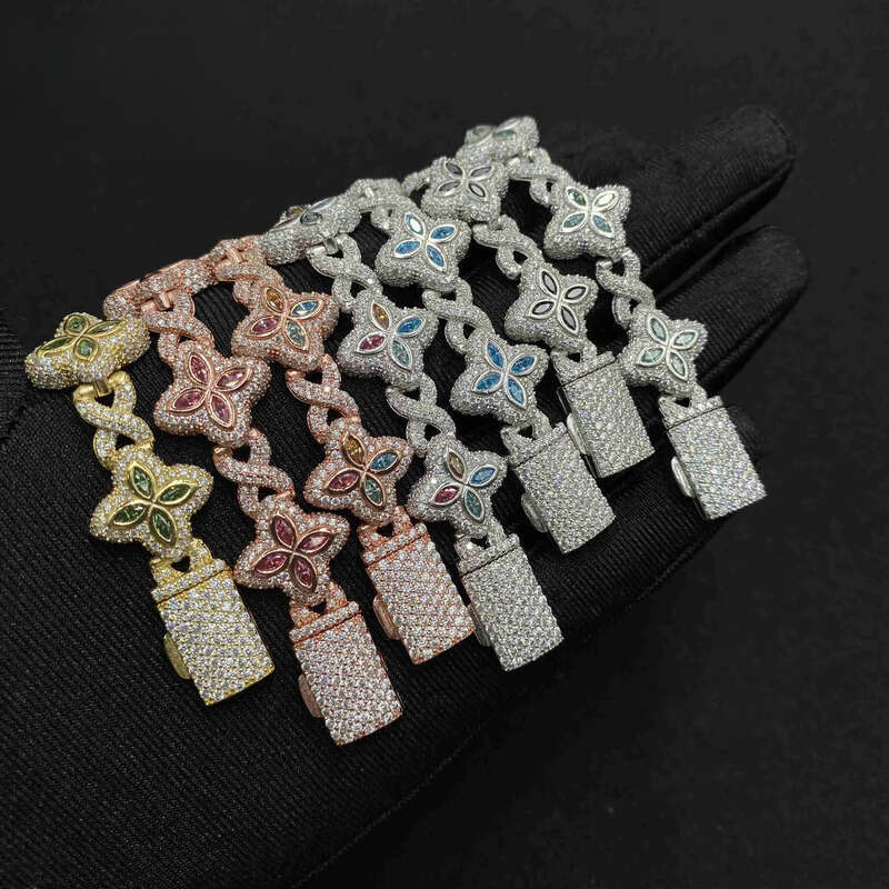 Colorful Marquise Flower Design 15mm Custom Iced Out Hip Hop Jewelry Cuban Link Chain Sier VVS Moissanite Bracelet