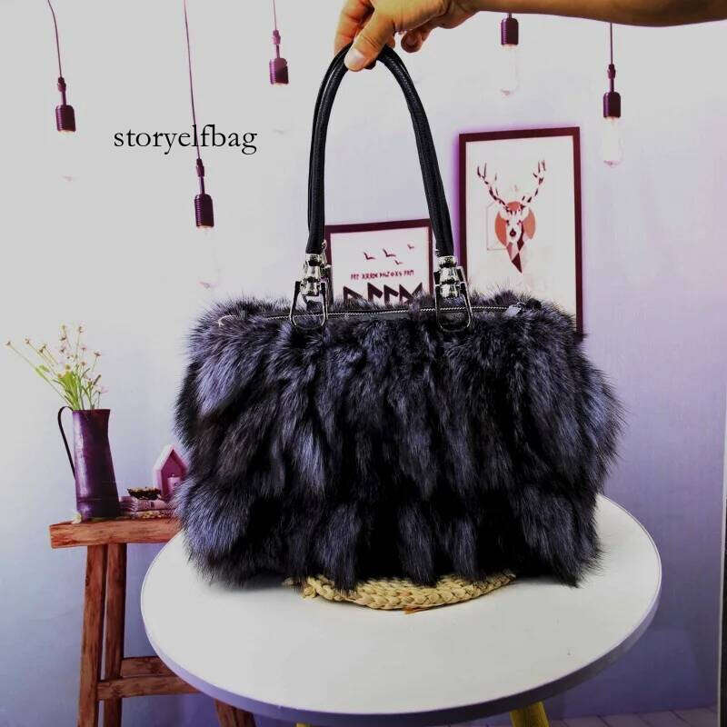 Korean version Genuine Natural Fox Fur Women Clutch Purses Evening Party Winter Chain Shoulder Bag